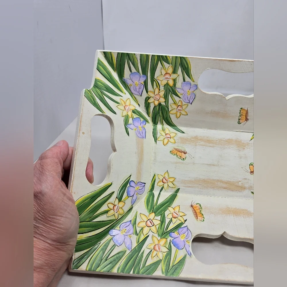 Wood Serving Trays Nesting Set Of 2 Handmade-Painted Trays Holders Decor Spring